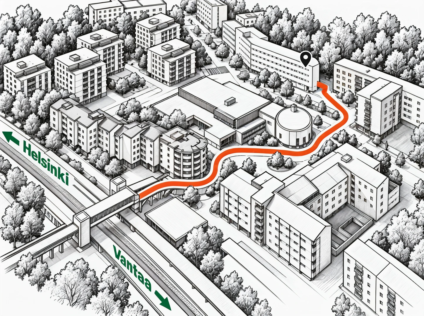 Walking route from Kannelmäki station to Kinosura Creative Studio